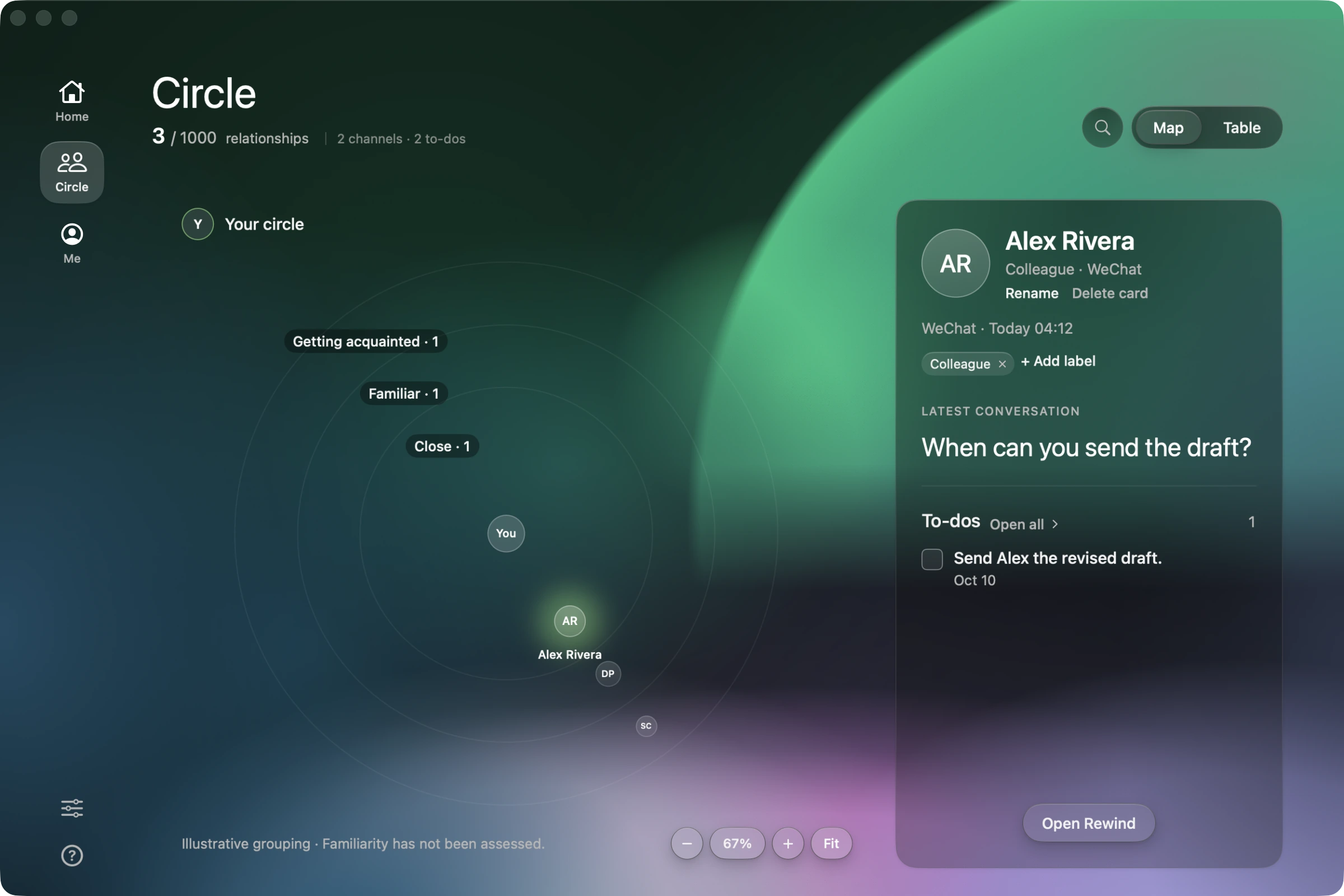 ToneBird Circle showing the relationship map and a selected person’s latest conversation, open task and Rewind entry, with example data.