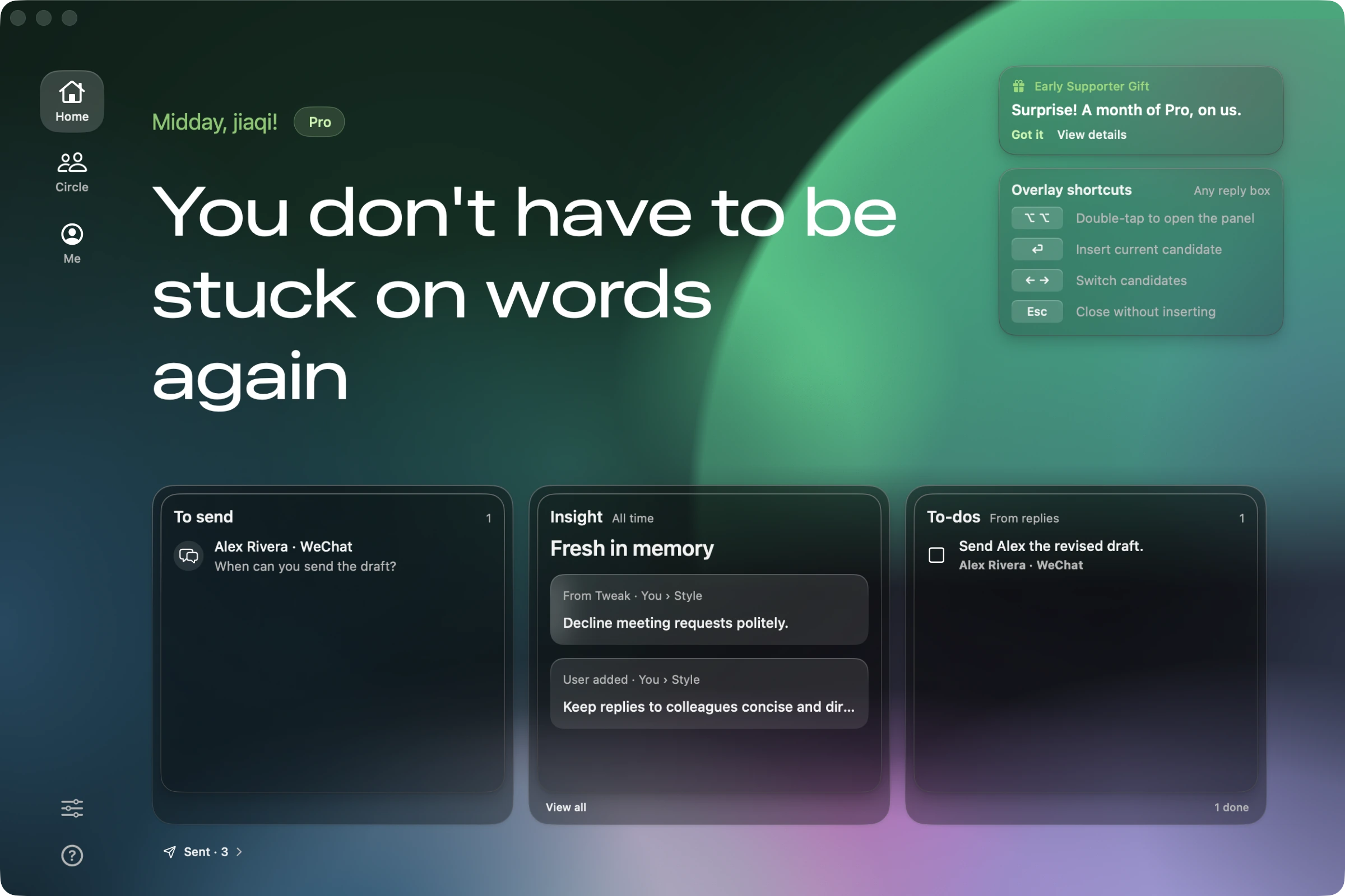 ToneBird Home showing a reply waiting to be sent, recently taught rules and an open task, with example data.